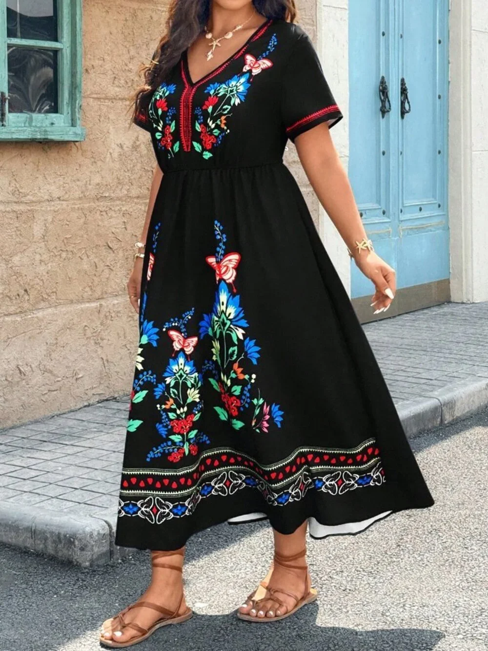 Black Boho Women's Plus Size Casual Vacation Placement Print Dress
